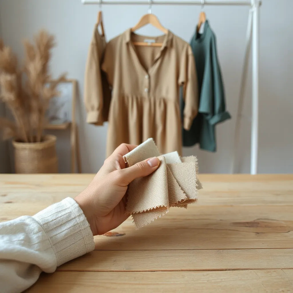 Hands comparing textured fabric swatches on a wooden table near minimalist clothing.