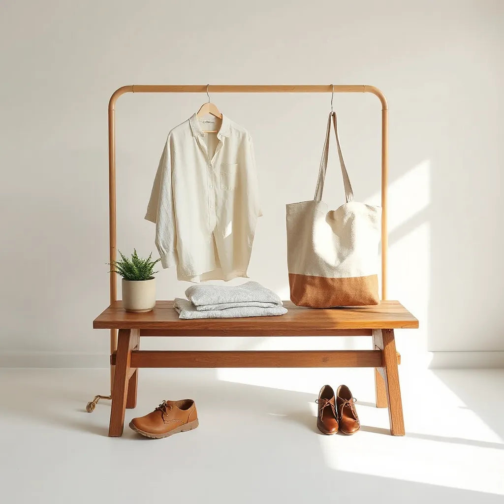 Folded natural-fabric clothing on a bench with a reusable tote and shoes in soft daylight