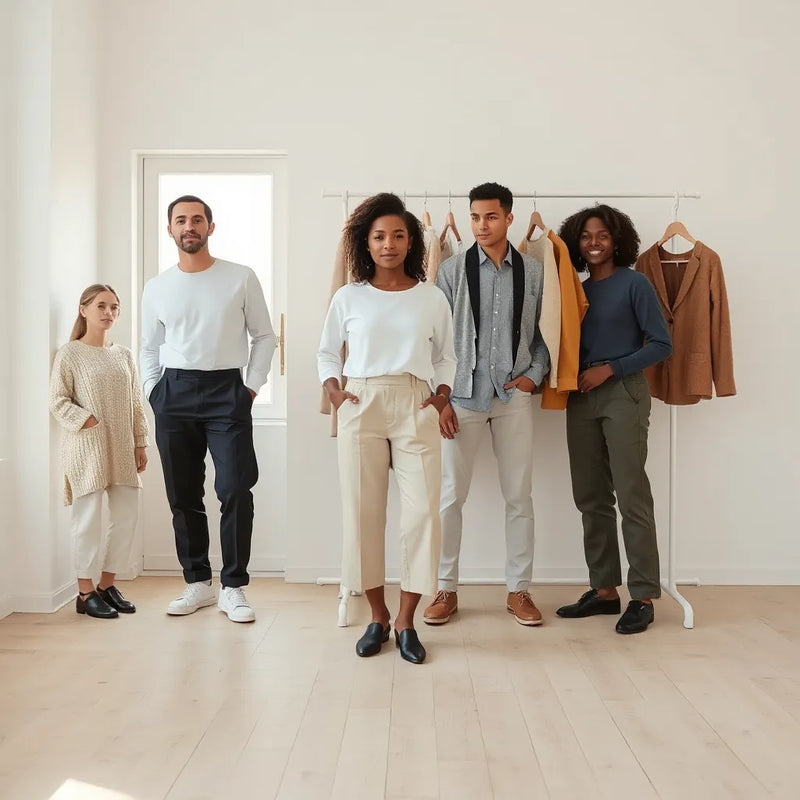 Diverse adults in neutral minimalist outfits beside a tidy clothing rack in a bright, uncluttered room