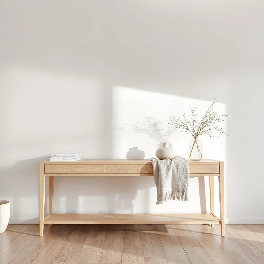 Light-filled minimalist room with neutral decor, clean lines, and simple styling on a wooden console