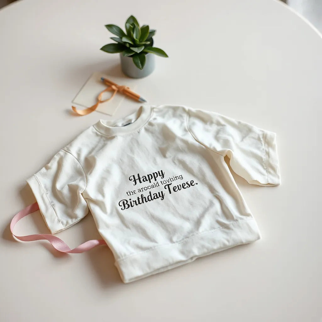 Folded birthday-themed shirt with a small greeting card and ribbon on a neutral table