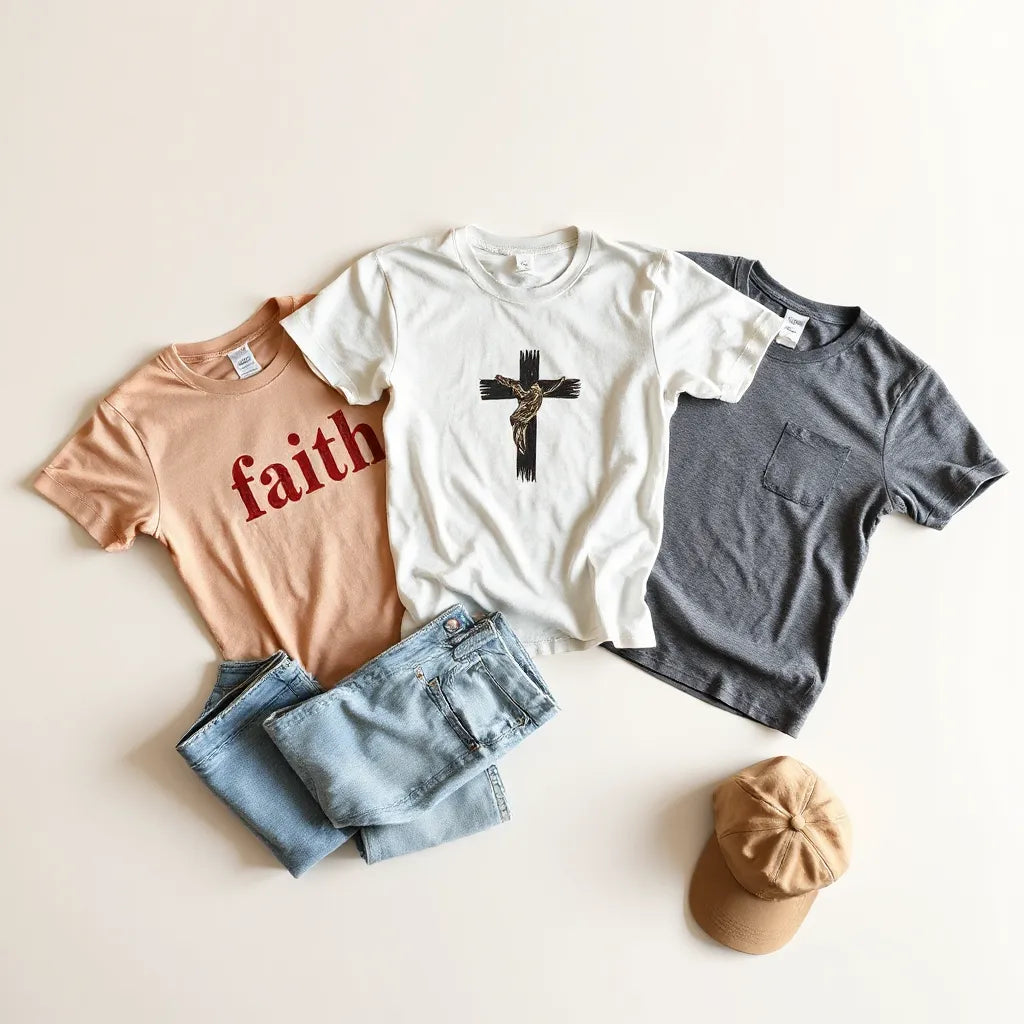 Neatly arranged faith-inspired graphic tees with subtle religious symbols, paired with jeans and a denim jacket.