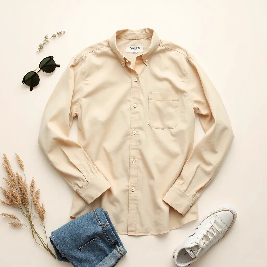 Classic unisex fit shirt folded on a neutral background with simple jeans and sneakers nearby
