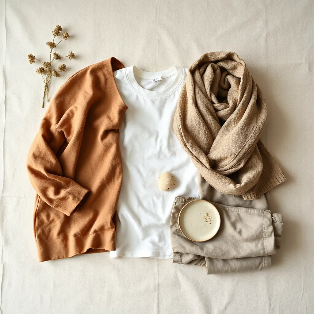 Neutrals laid out for a minimal spiritual capsule wardrobe, with soft garments on light linen