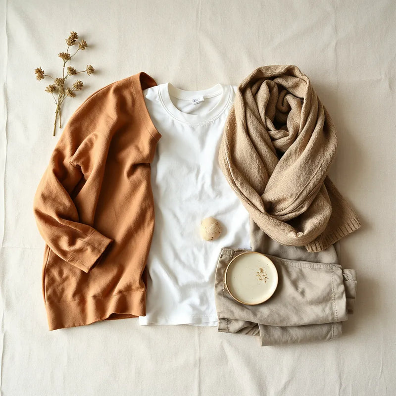 Neutrals laid out for a minimal spiritual capsule wardrobe, with soft garments on light linen
