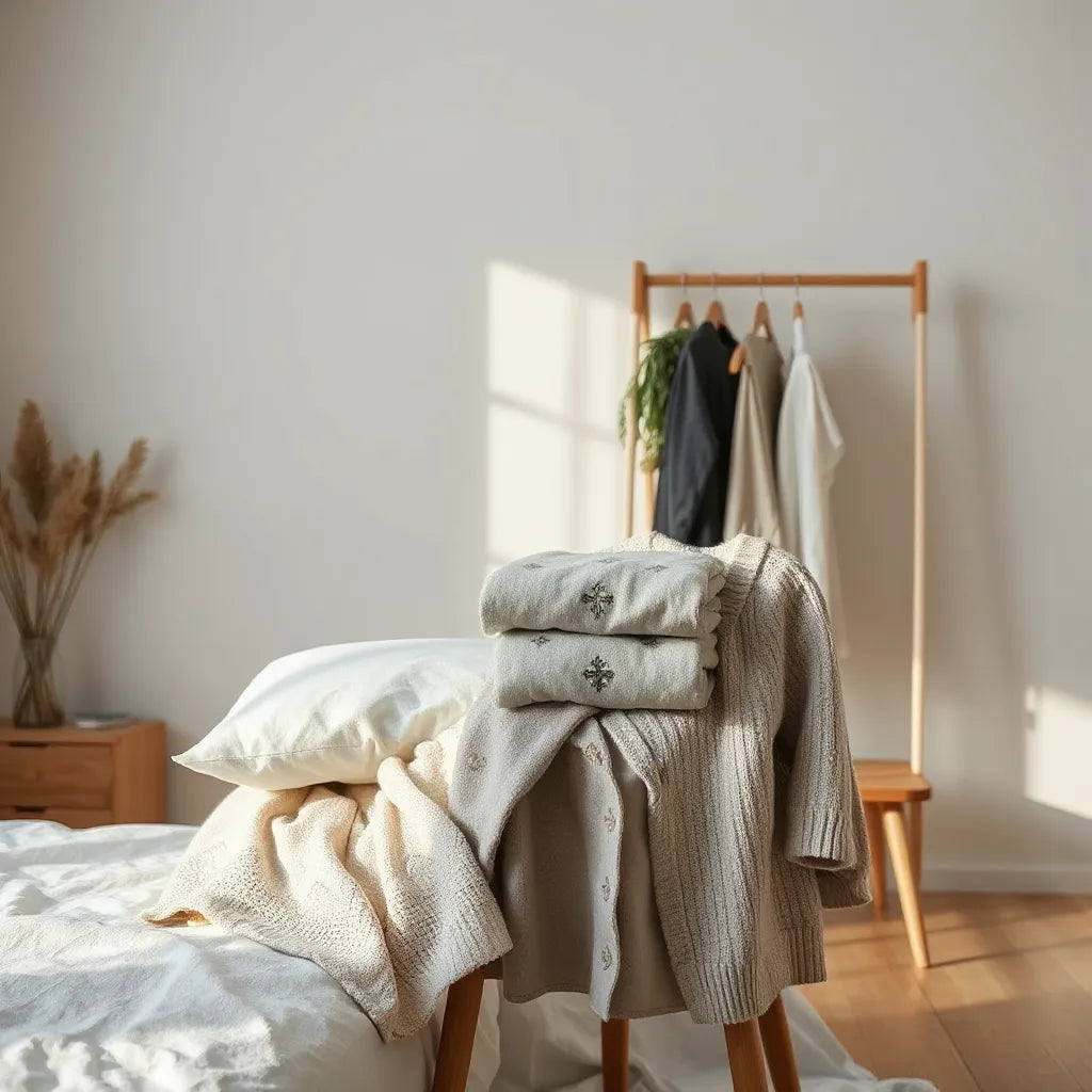 Neatly arranged neutral garments in a minimalist capsule wardrobe with subtle spiritual-themed details