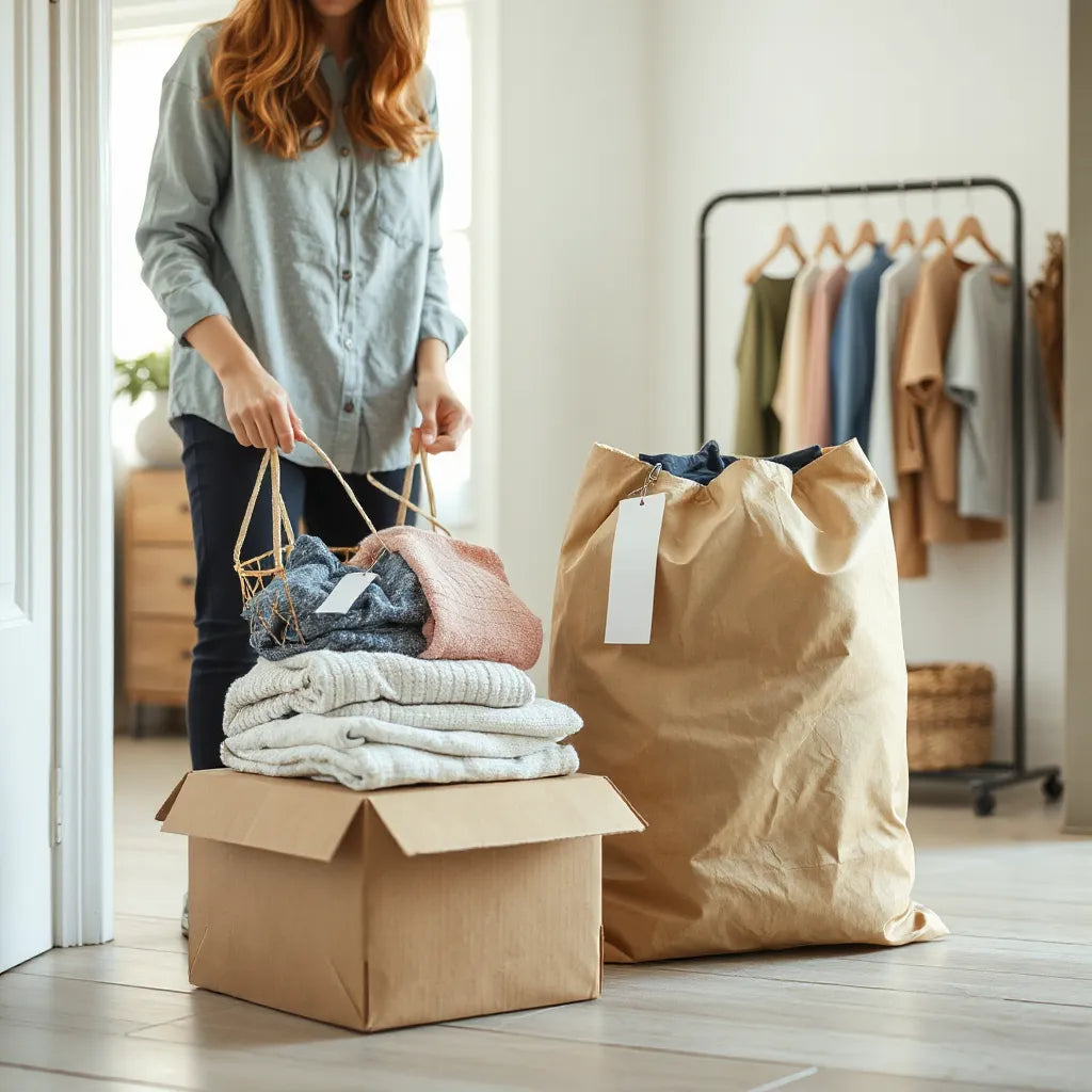 Person sorting folded clothes into a reusable donation bag in a bright entryway