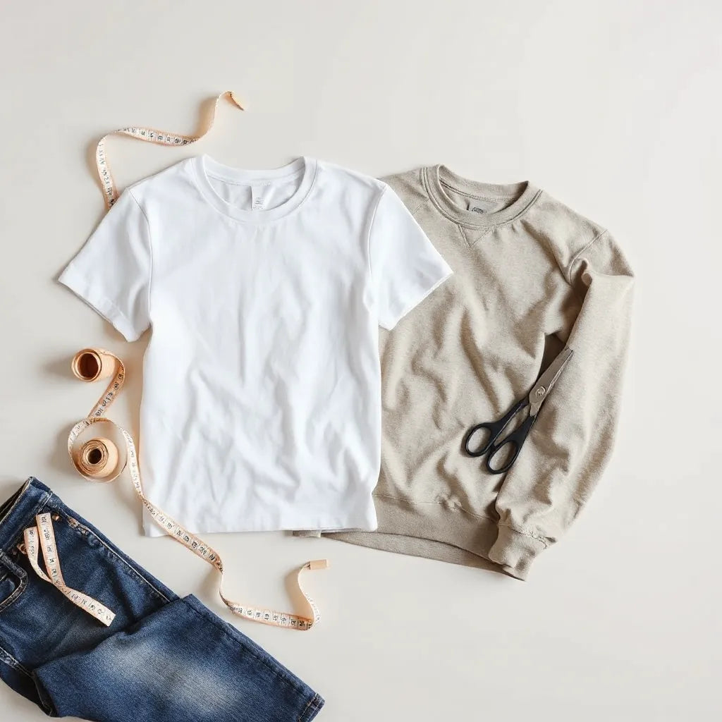 Blank t-shirt and sweatshirt with fabric swatches and measuring tape on a neutral background
