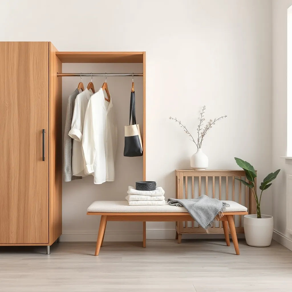 Neutrally styled wardrobe with neatly folded basics and simple clothing hangers in natural light