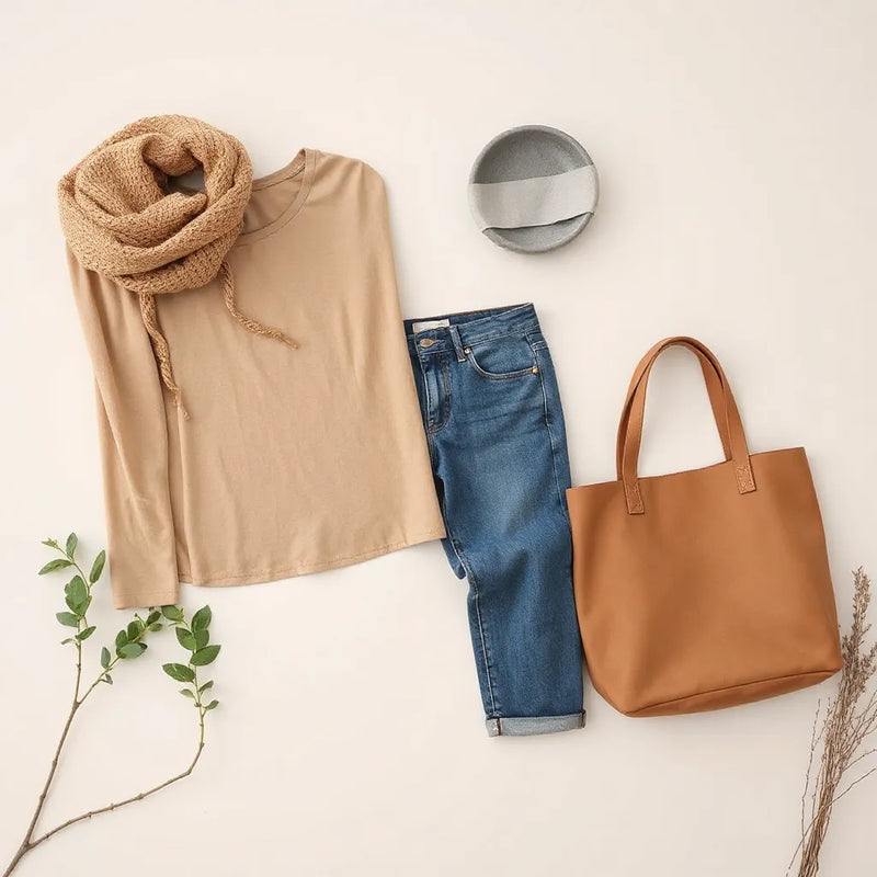 Neatly arranged minimalist clothing pieces and accessories on a neutral backdrop in soft natural light