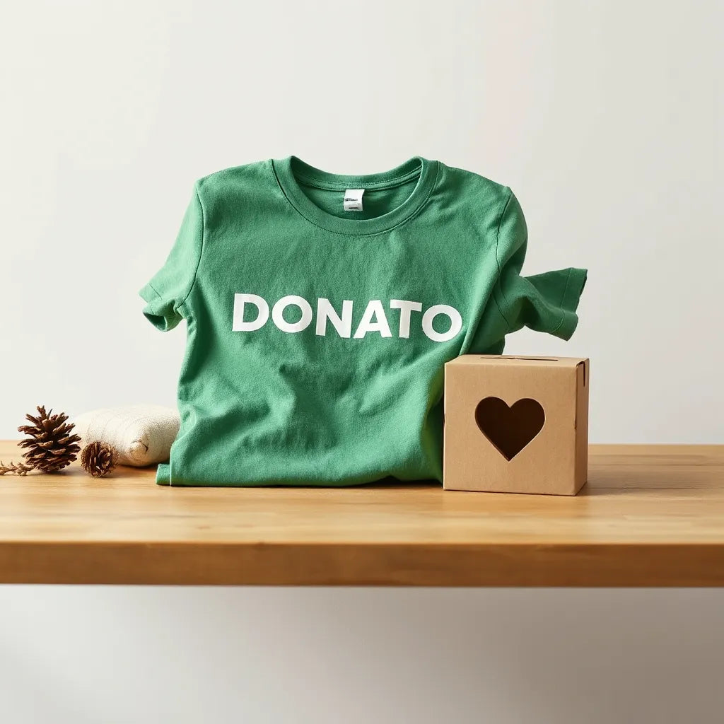 Donation t-shirt neatly folded beside a small donation box on a wooden table