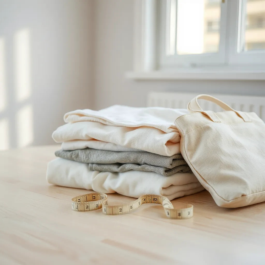 Neatly folded neutral clothing and a linen tote with a measuring tape on a wooden surface