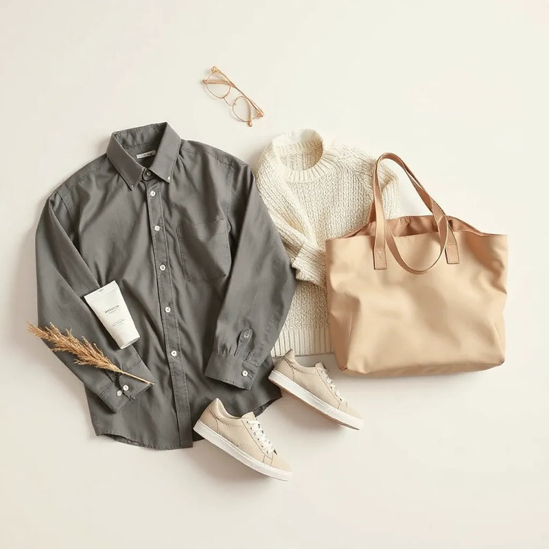 Neutrally styled wardrobe essentials laid out with polished basics and clean accessories