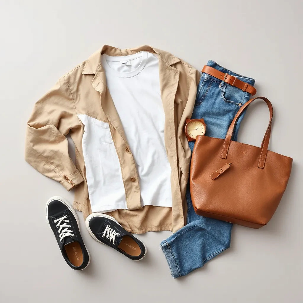 Neatly arranged everyday clothing essentials including a tee, denim jeans, coat, sneakers, and tote bag