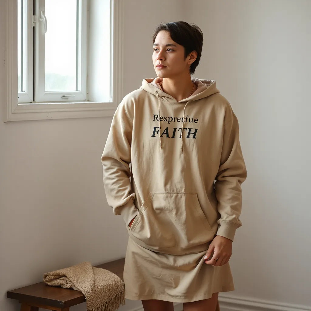Minimalist outfit in neutral tones styled with a subtle faith-inspired design near a sunlit window