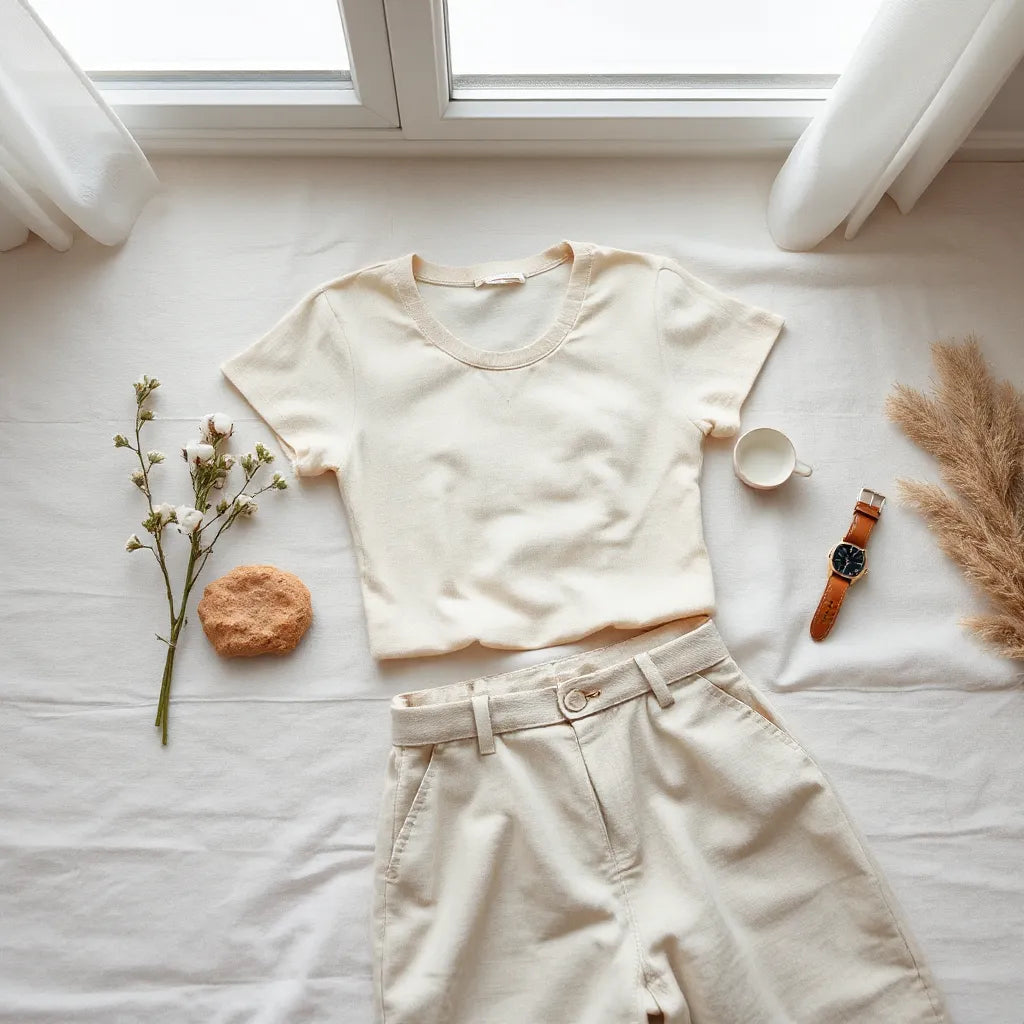 Neutral crew-neck minimalist top styled with simple accessories on a light linen surface
