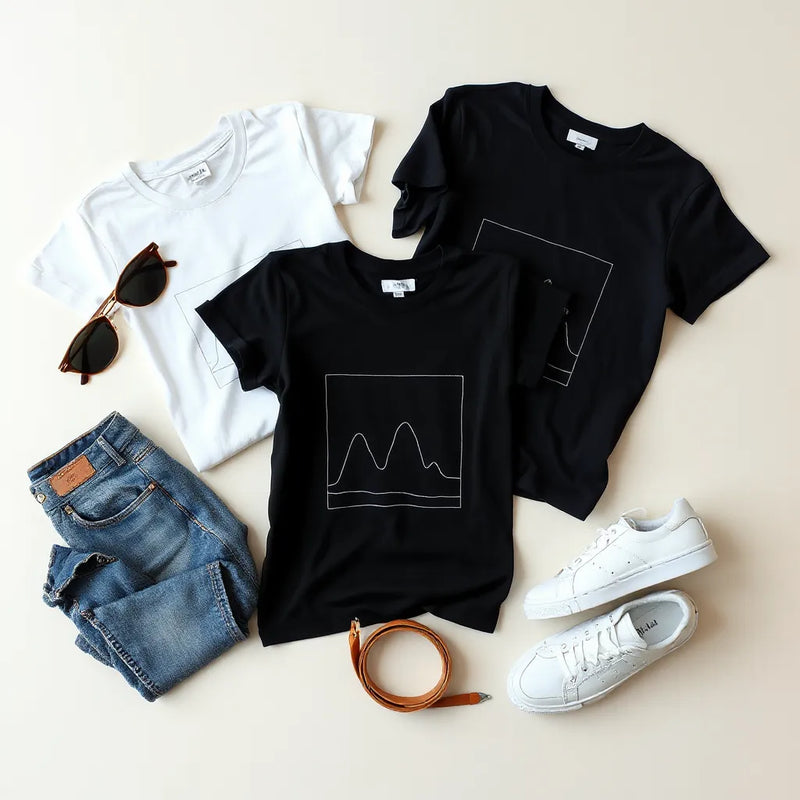 Folded minimalist graphic tees in neutral colors with subtle line-art, styled with denim and white sneakers