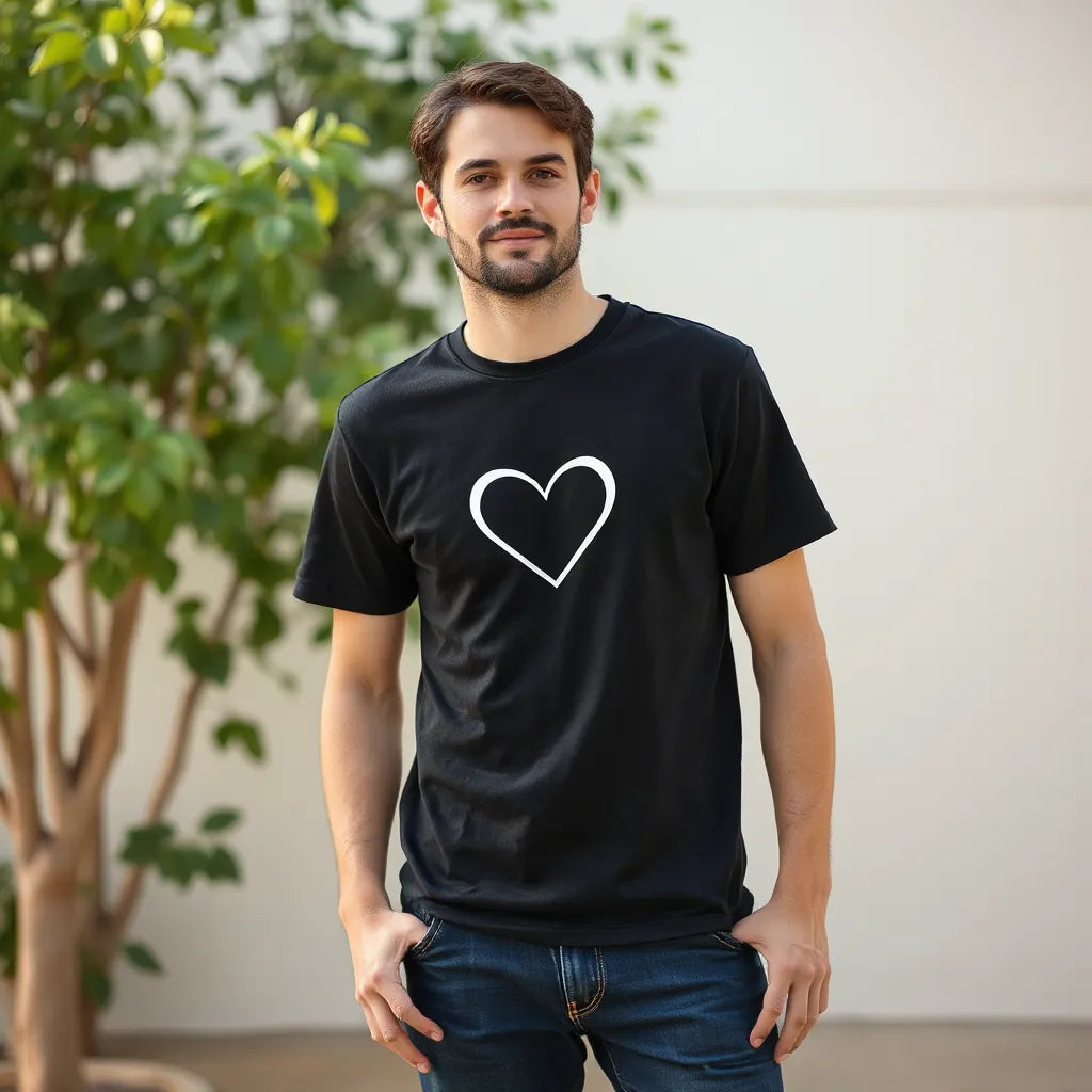 Person wearing a black t-shirt with a centered heart-support graphic in soft natural light outdoors
