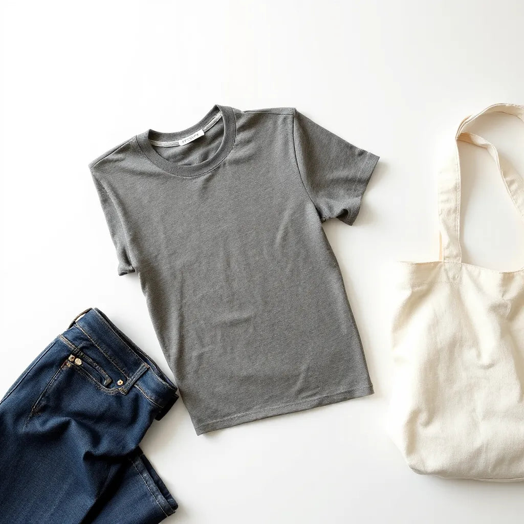 Folded minimalist graphic tee styled with dark jeans and a simple tote on a neutral background