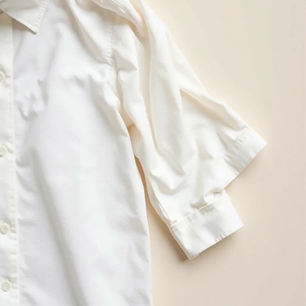 Soft cotton shirt laid flat with visible stitching and fabric texture on a light neutral background