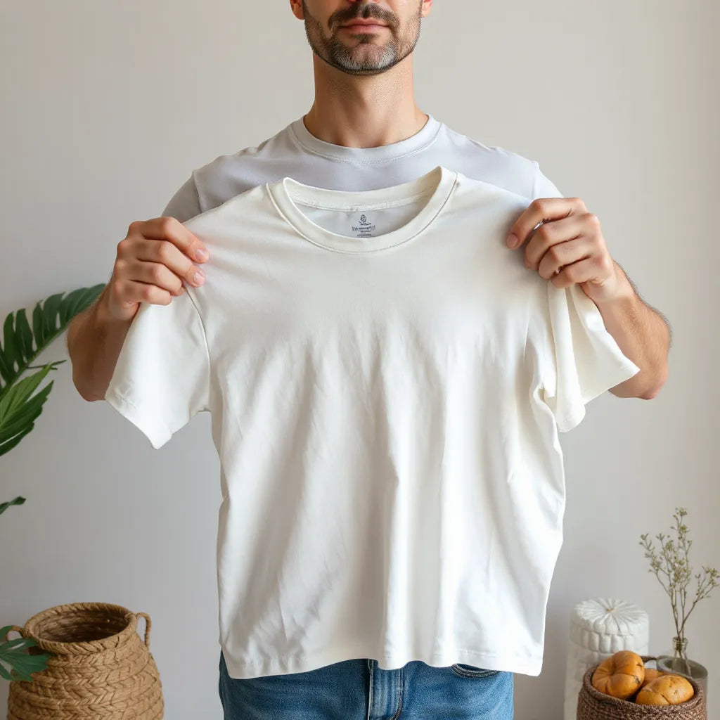Person holding customizable graphic apparel showing fabric texture and centered chest print