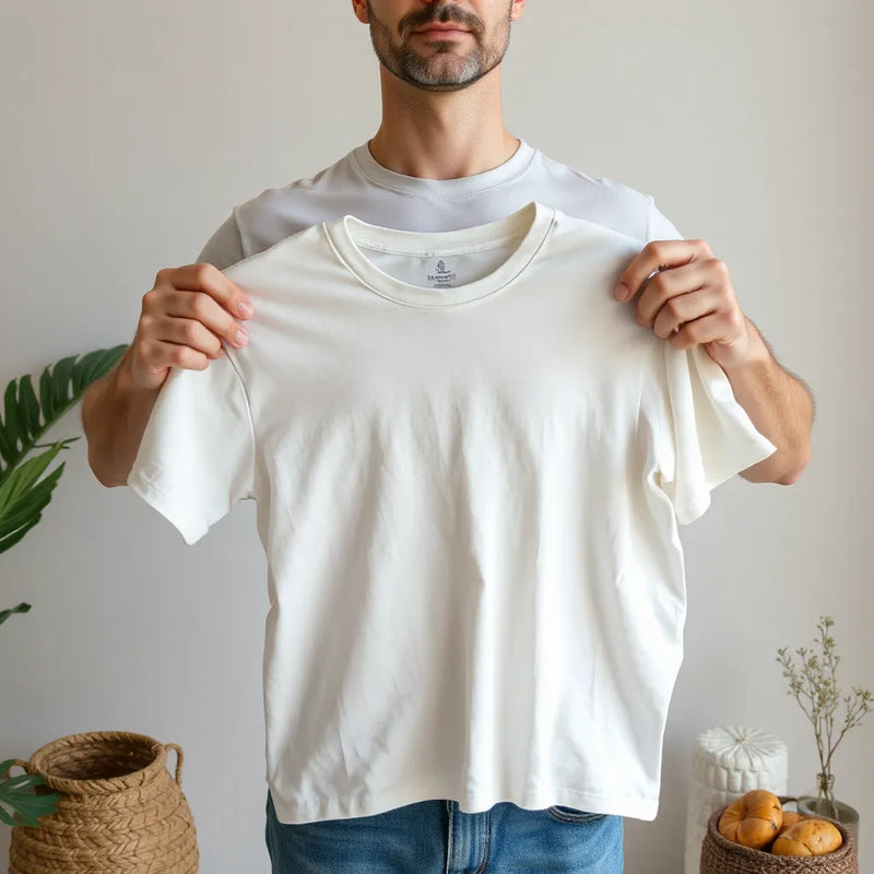 Person holding customizable graphic apparel showing fabric texture and centered chest print