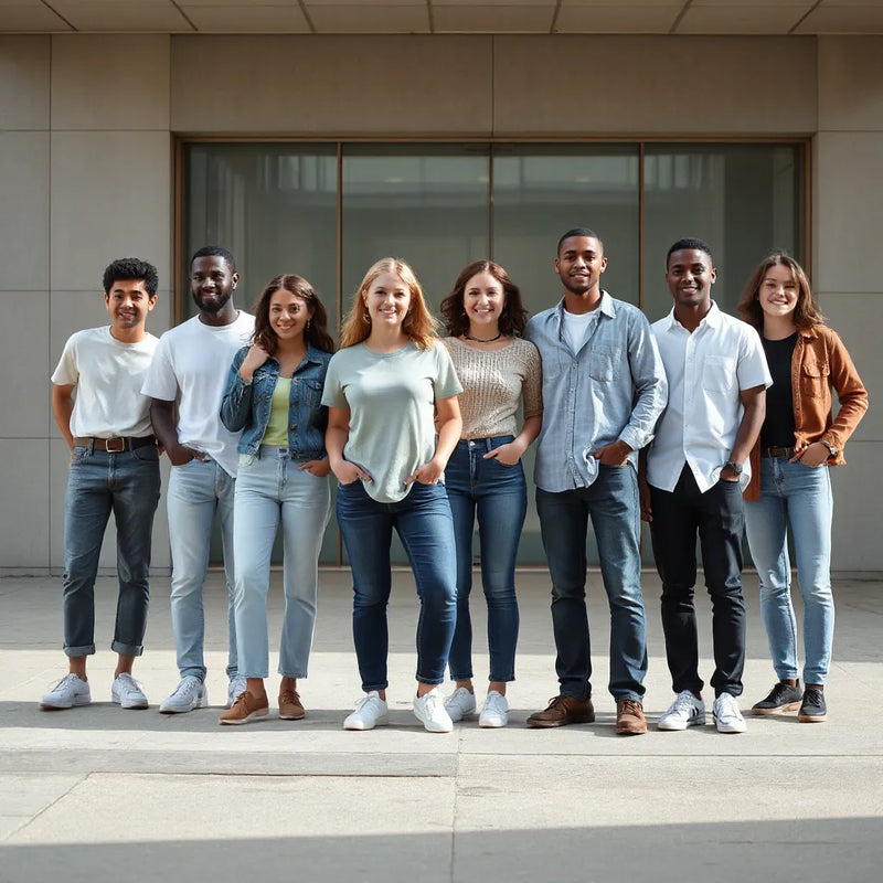 Diverse people in comfortable everyday outfits with tees, denim, and sneakers in natural daylight