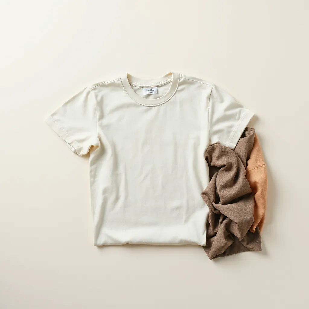 Soft cotton unisex t-shirts folded and draped in muted colors on a light neutral background