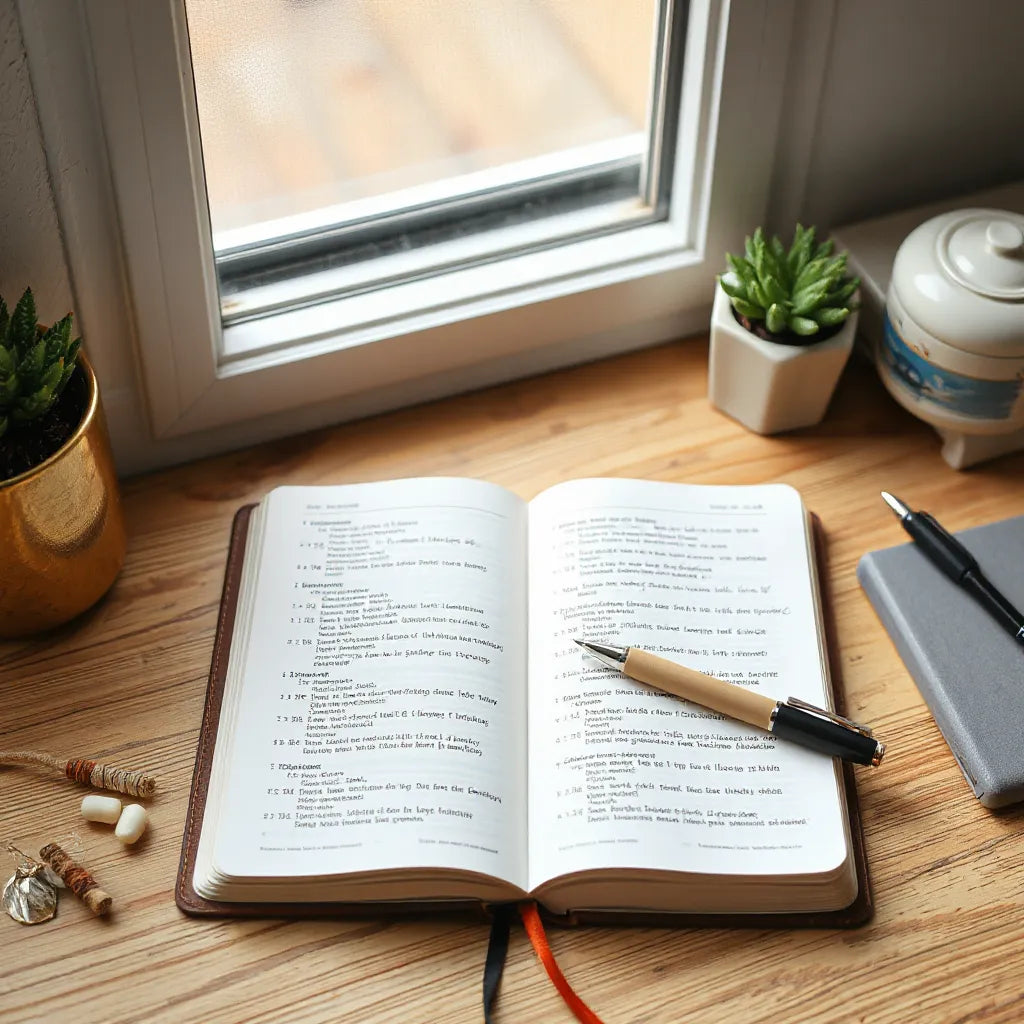 Open notebook with scripture references and dates on a study desk near a Bible