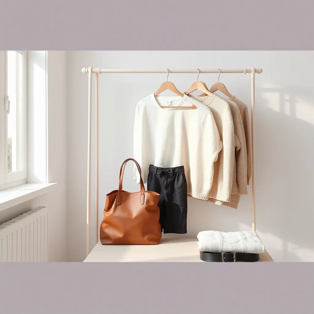 Neatly styled minimalist outfit essentials in neutral tones with clothing and accessories