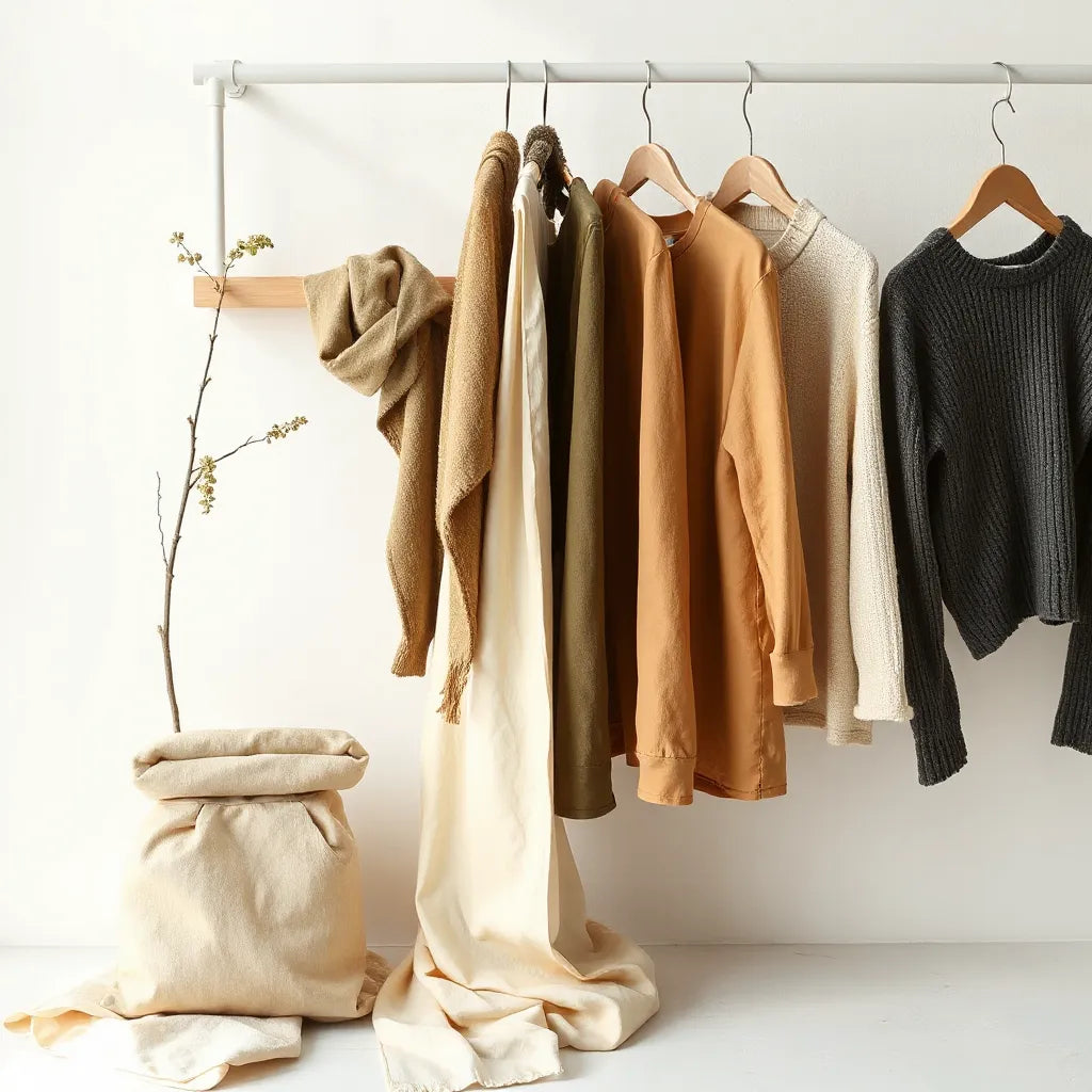 Neutrally toned folded and hanging garments arranged on a light background in soft window light.