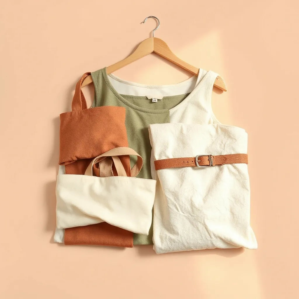 Curated muted outfit with natural fabrics, folded clothing, and minimal accessories arranged neatly.