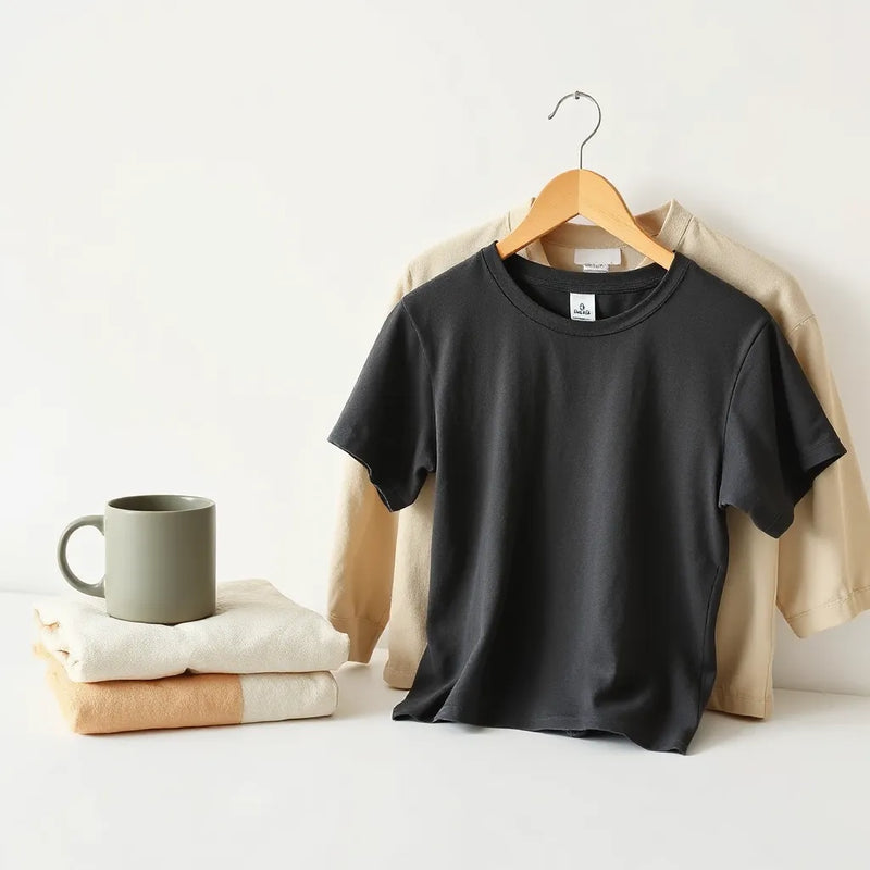Neatly folded minimalist graphic tee on a light background with a simple hanger and subtle neutral styling.