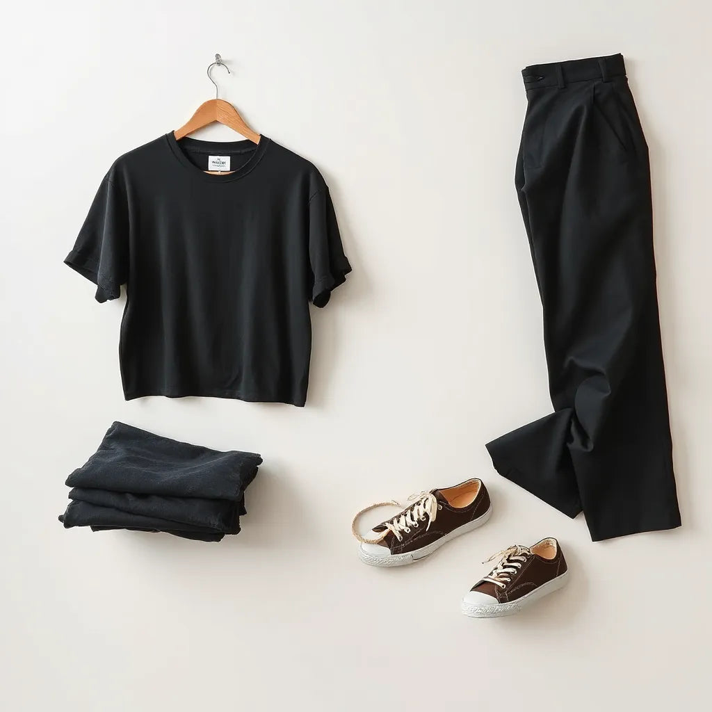 Vintage black minimalist shirt on a neutral background with matching trousers and shoes.