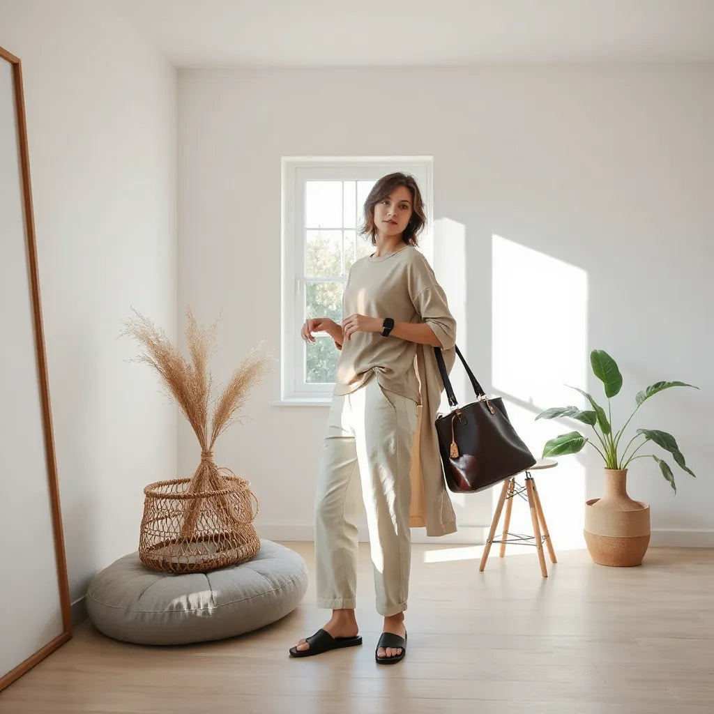 Person styling a neutral everyday outfit with subtle inspirational design details in soft natural light