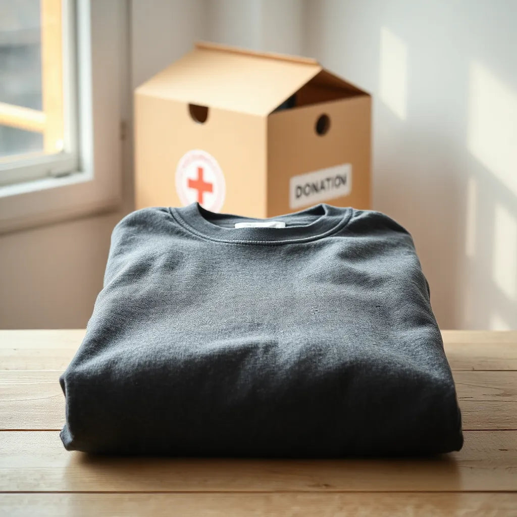 Folded heather t-shirt with soft daylight on a wooden surface, with a blurred donation box in the background