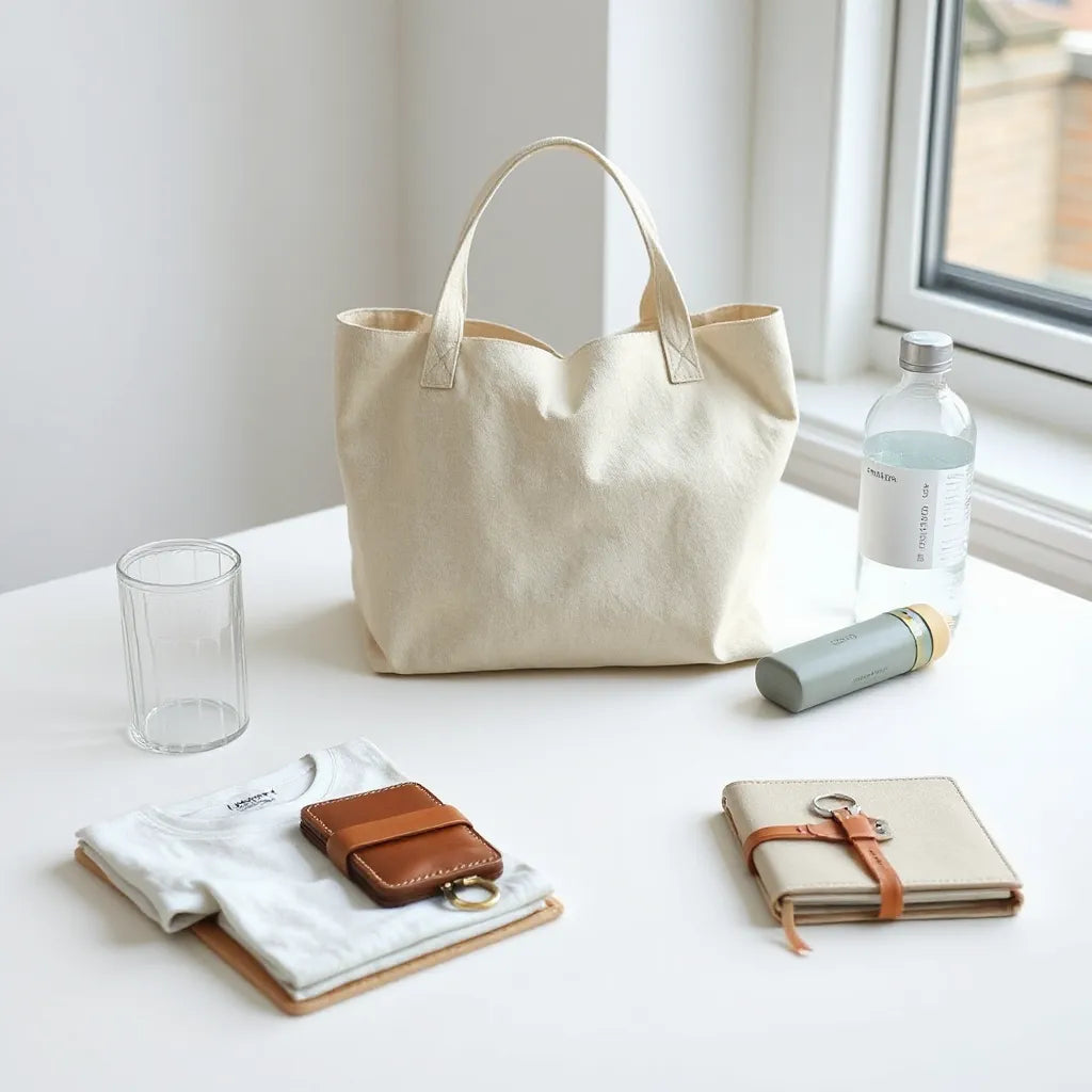 Neatly arranged everyday minimalist essentials on a light-neutral tabletop with soft natural light