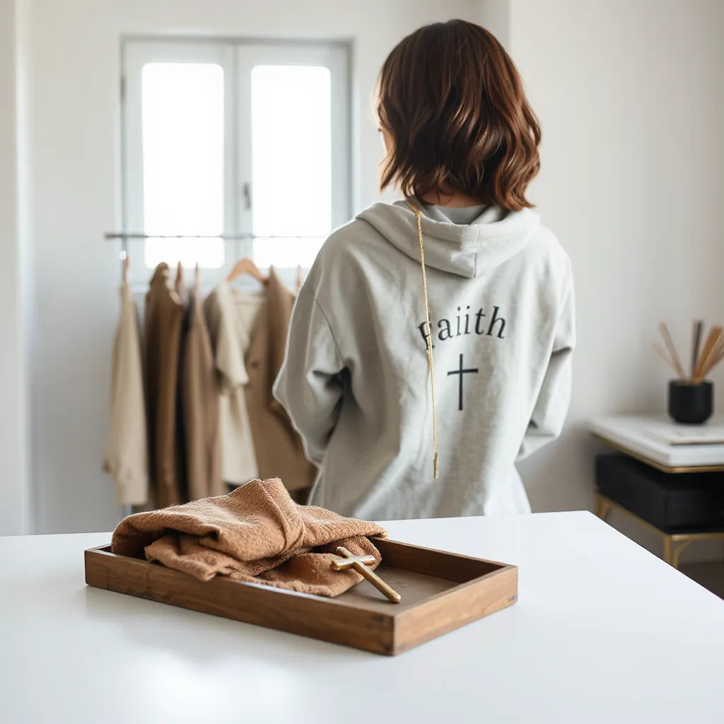 Person in a minimal neutral outfit with subtle faith-inspired detail near soft morning light