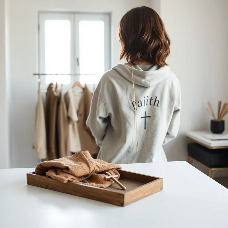 Person in a minimal neutral outfit with subtle faith-inspired detail near soft morning light
