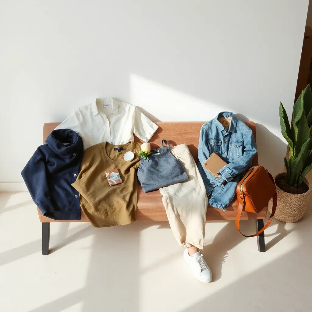 Curated mix of casual everyday clothing and accessories arranged in neutral tones