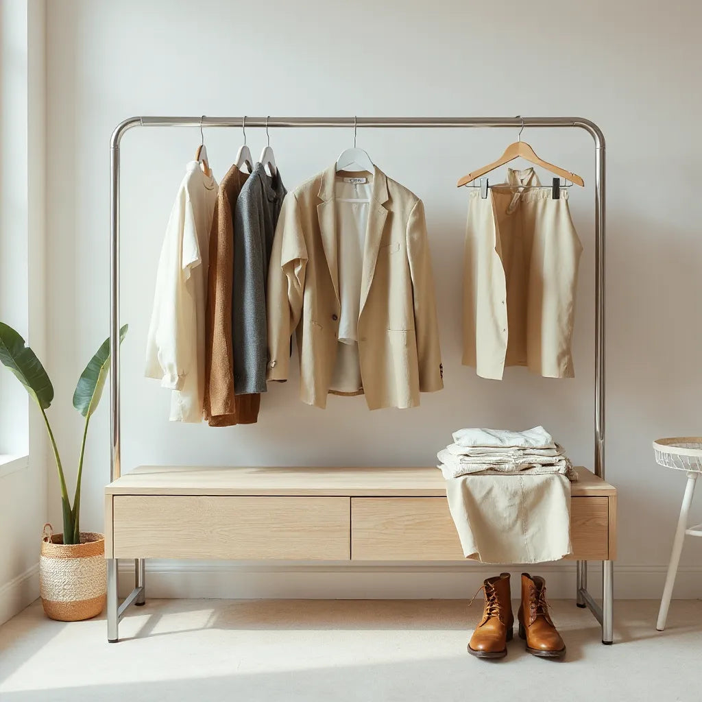 Neutral clothing rack and neatly styled garments laid out for a refined, minimalist wardrobe.