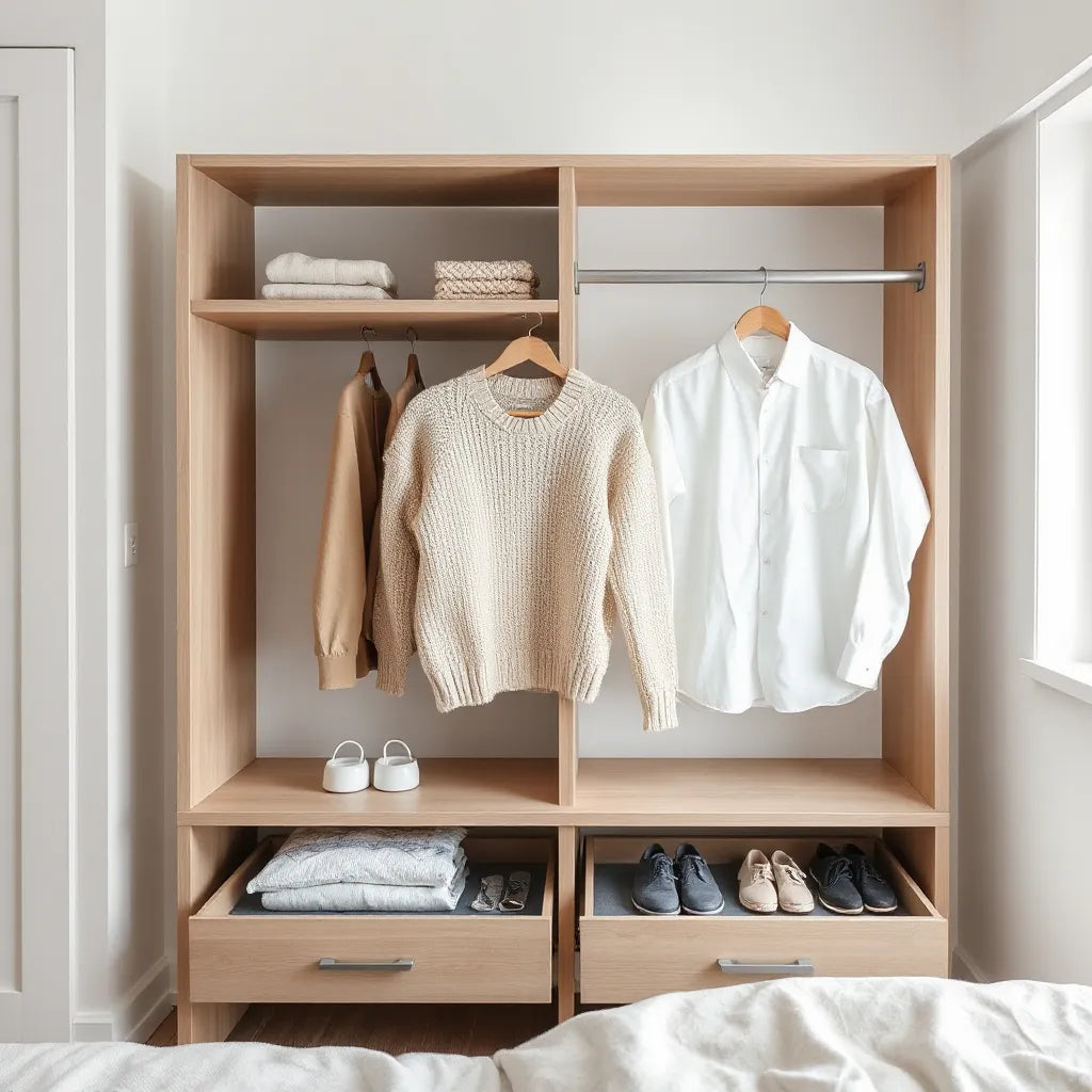 Neatly arranged neutral clothing on open shelves and a minimal rail in soft natural light