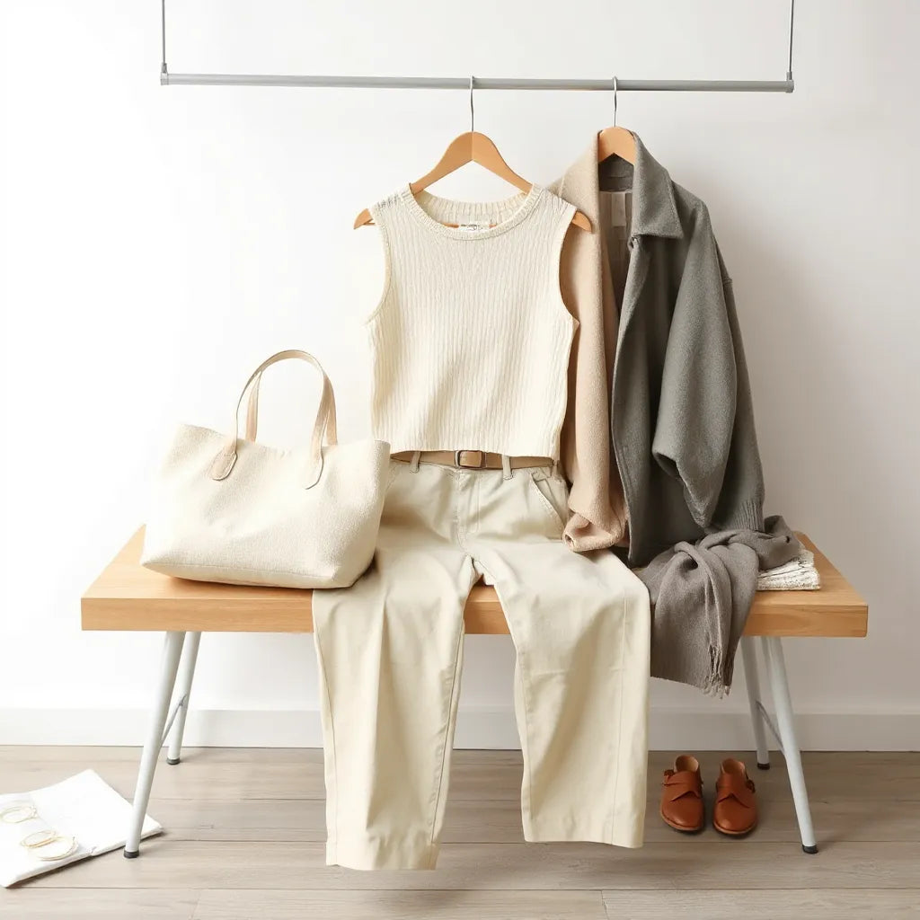 Neutrals outfit laid out on a light wood bench with minimal accessories in soft natural light