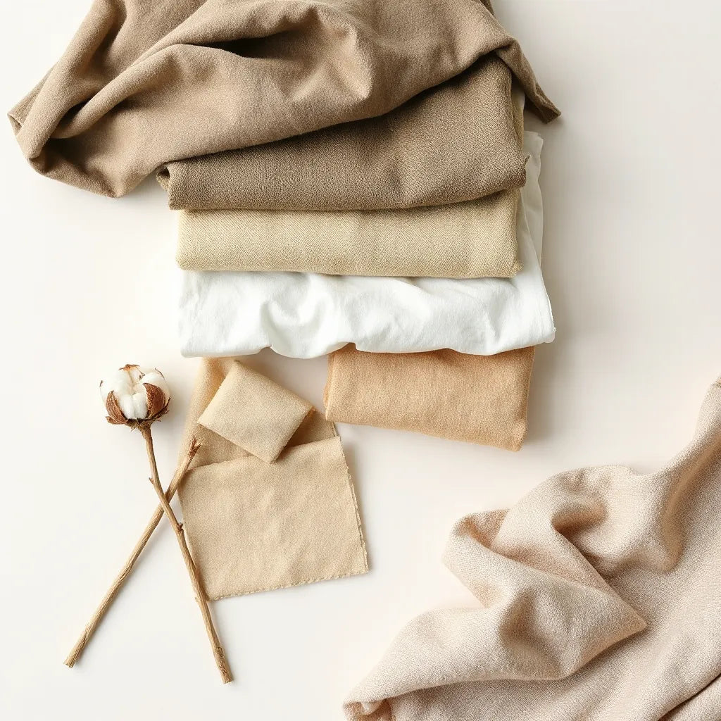 Folded neutral-toned eco-friendly fabrics beside natural fiber swatches and garments