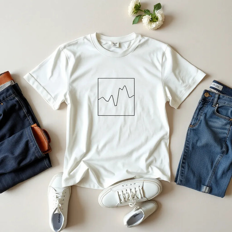 Graphical minimalist t-shirt laid flat with simple line-art graphic and minimal outfit accessories