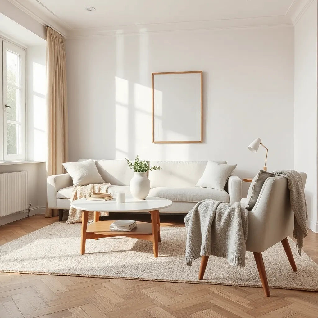 Sunlit minimalist living room with neutral furniture and a neatly styled throw and vase.
