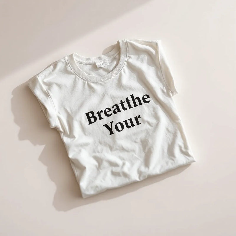 Folded graphic tee with visible soft breathable fabric texture on a clean neutral background