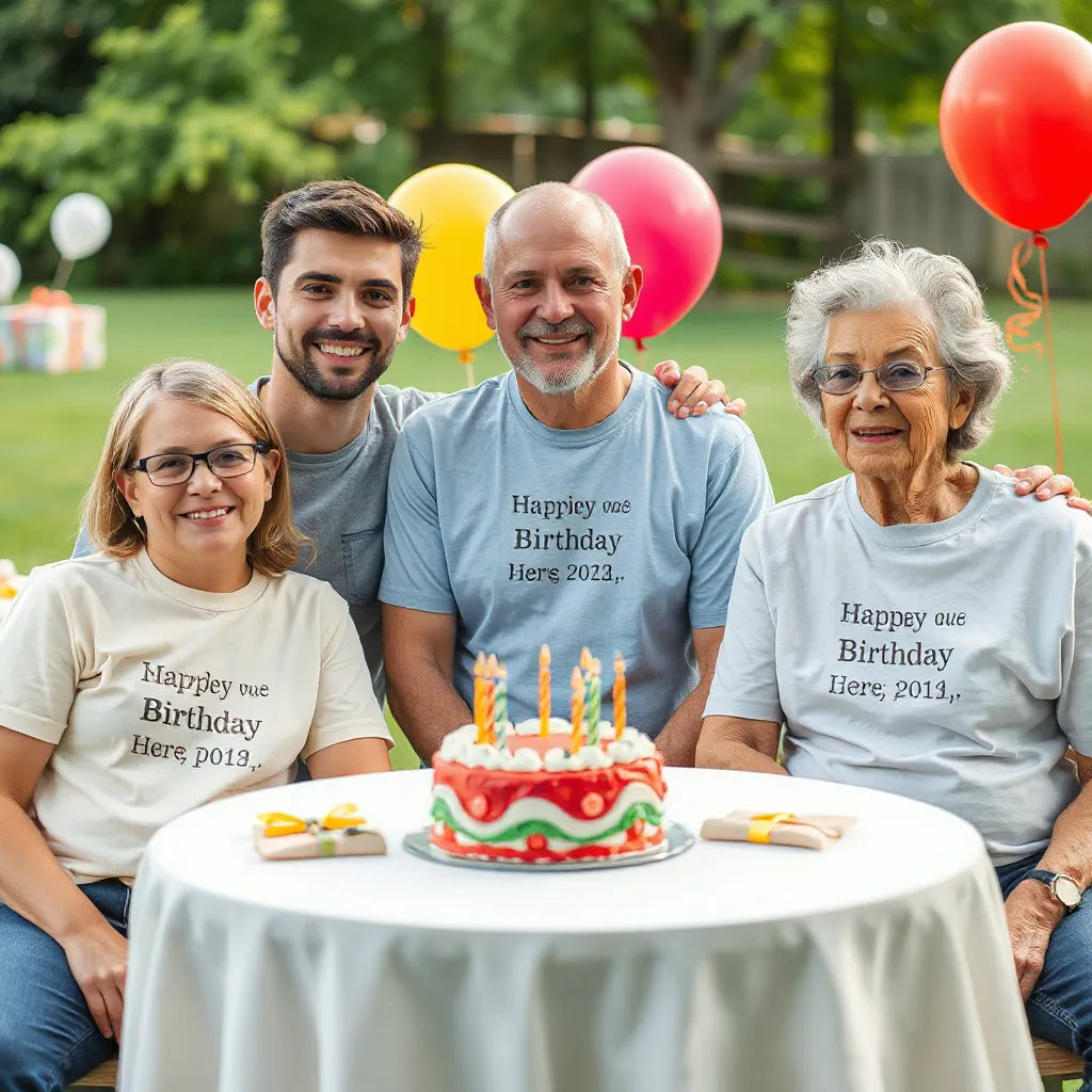 Three generations at a birthday table wearing casual shirts with subtle verse designs