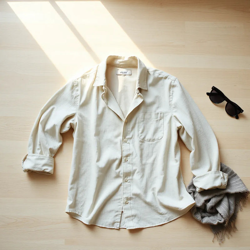 Lightweight cotton shirt with rolled sleeves on a light wood surface in soft natural window light