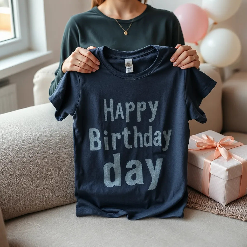 Person holding a neatly folded birthday verse shirt with a minimal birthday gift setup in the background